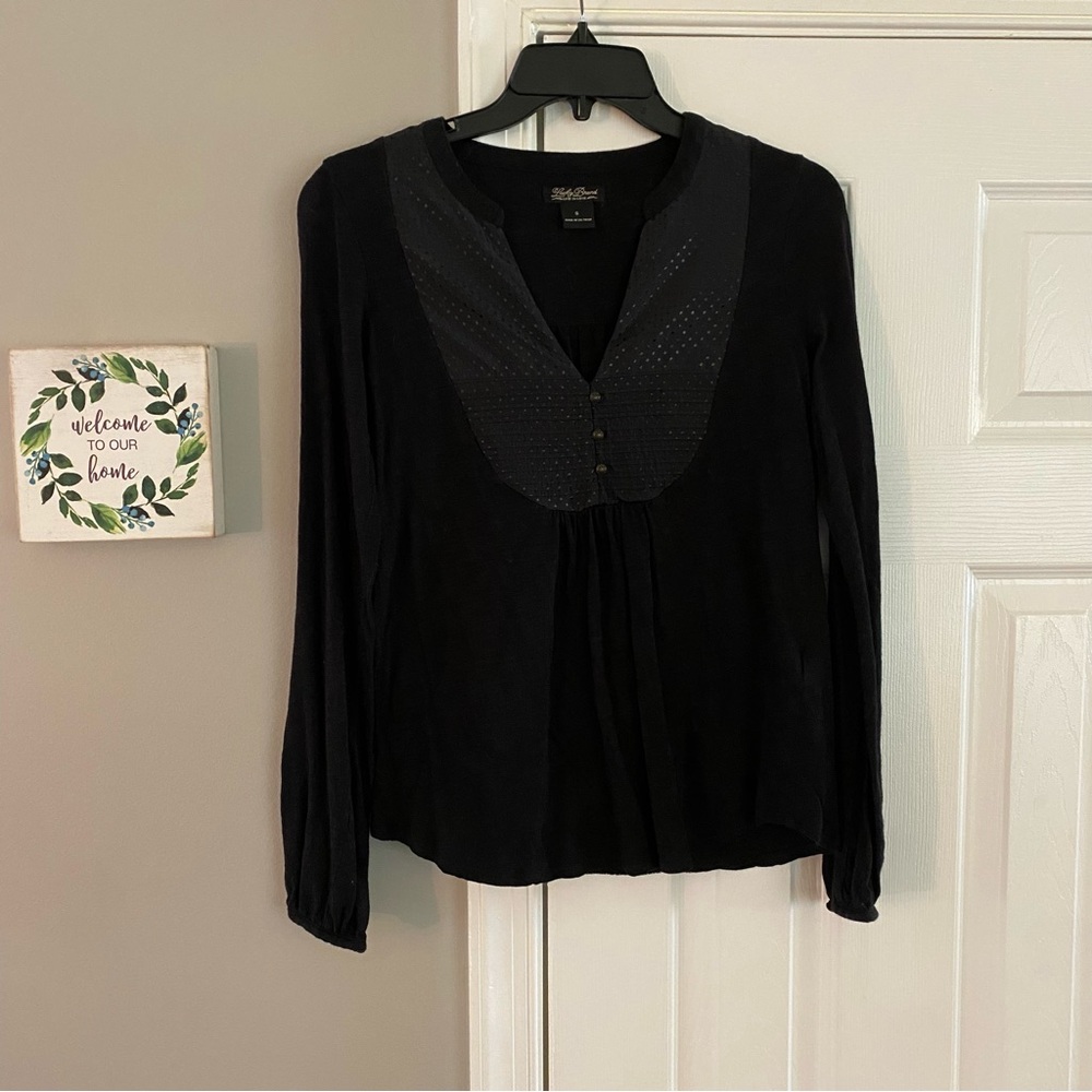 Lucky Brand Live In Love Black Polka Dot Texture V Neck Long Sleeve Blouse Small